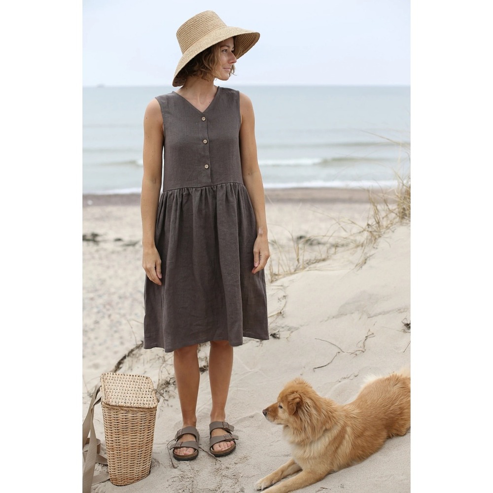 Linen Sea Cocoa Brown 100% Linen Sleeveless Button Front Midi Dress Lagenlook